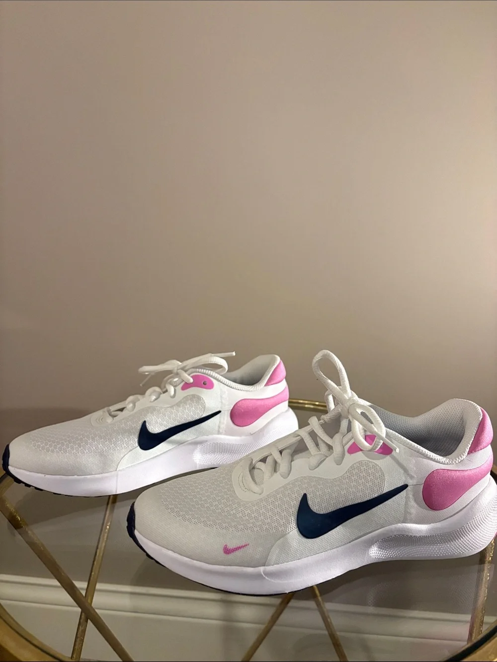 Nike Kids White and Pink Sneakers with Navy Swoosh